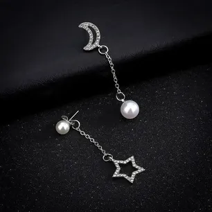 Silver Moon Star Pearl Drop Dangle Earrings 