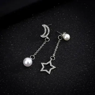 Elegant Silver Moon Star Drop Earrings