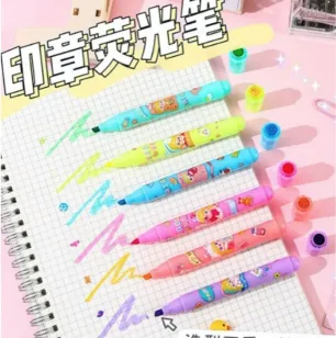 6Pcs Kawaii Cartoon Highlighter Pen with Stamp Art
