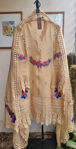 Pakistani Cotton Net Semi Stitched 2pcs_Tan