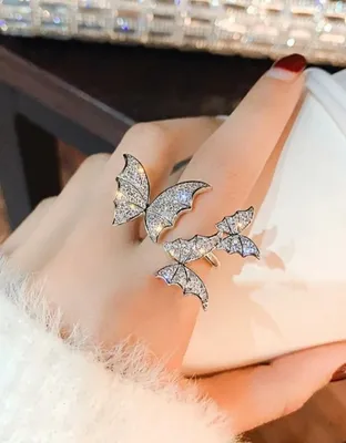 Silver Crystal Butterfly Open Adjustable Ring