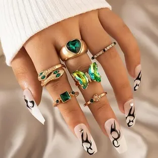 Green Emerald Crystal Butterfly Heart Snake Finger Ring (6 pcs)