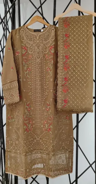Pakistani Original Sadabahar Luxury Organza Stitched 3 Pcs _ Bronze 
