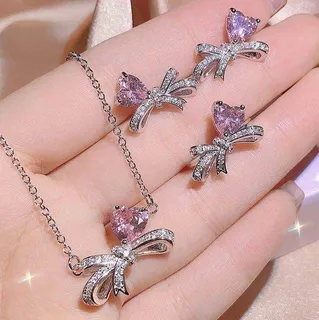 Shiny Pink Heart Bow Rhinestone Jewelry Set