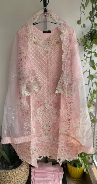 Pakistani Original Bin Saeed Luxury Organza Stitched 3 Pcs _ Pink 
