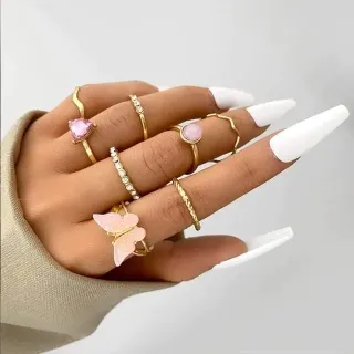 8 Pcs Pink Golden Finger Ring Set