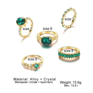 5pcs Green Rhinestone Decor Ring Set