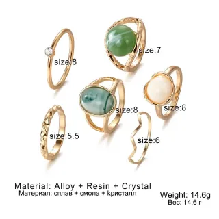 6 Pcs Green Jade Knuckle Finger Ring Set 