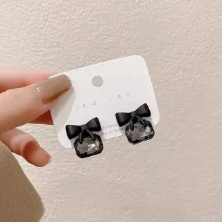Black Crystal Square  Bowknot Stud Earring