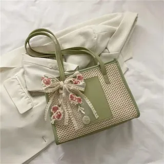 Bow Decor Straw Shoulder Tote Bag