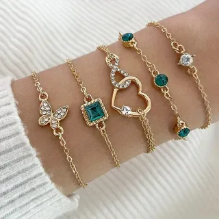 5 Pcs Rhinestone Butterfly & Heart Decor Bracelet Set 
