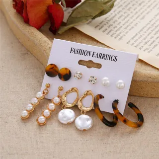 6 Pairs Geometric Tassel Pearl Hoop Earrings Set 