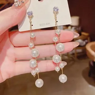 White Pearl Long Tassel Dangle Drop Earrings