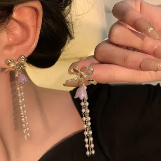 Bowknot Pearl Orchid Flower Long Tassel Earrings