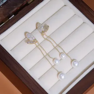 Sparkly Pearl Heart Dangle Earrings