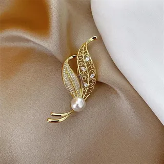 Rhinestone Leaf Pearl Hijab Brooch 