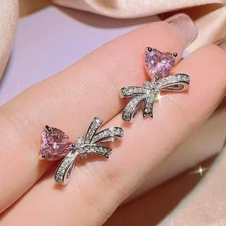 Shiny Pink Heart Bow Rhinestone Jewelry Set