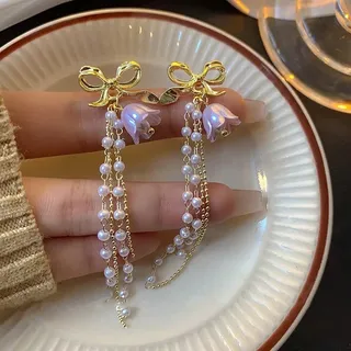 Bow & Faux Pearl Flower Decor Drop Earrings 