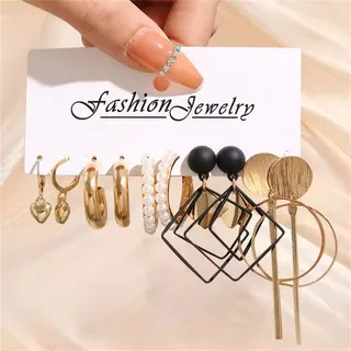 Vintage Heart Geometry Pearl Dangle Earrings Set (5 pairs)