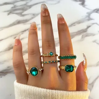 Retro Stylish Unique Design Green Finger Ring Set (5 pcs)