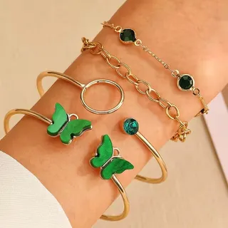 Multi Layered Green Butterfly Bracelet Set (4 Pcs)