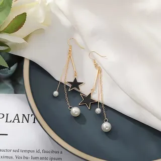 Trendy Style Black Star Tassel Pearl Drop Earrings