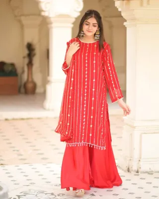 Pakistani Rangoon Chiffon Stitched 3pcs _ Red