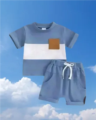 White Blue Combination Solid T-shirt Set