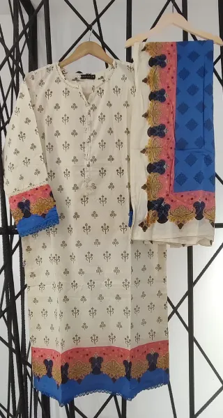 Pakistani Original Sadabahar Cotton Stitched 3 Pcs _ Off White 