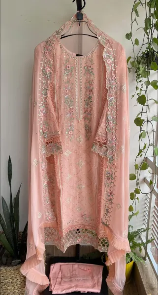 Pakistani Original Bin Saeed Luxury Chiffon stitched 3 Pcs _ Peachy Pink 