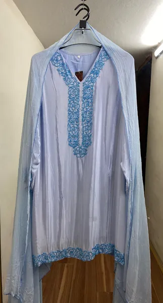 Luxury Russian Silk Pakistani Stitched Farshi Salwar 3 Pcs _ Powder Blue 