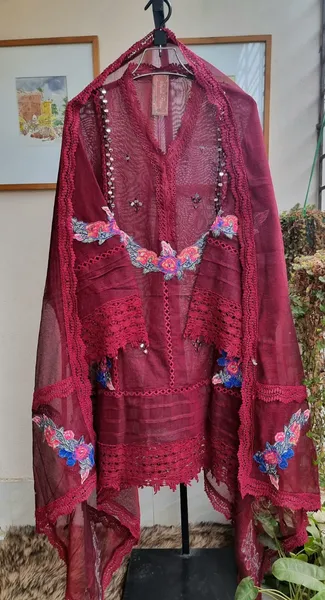 Pakistani Cotton Net Semi Stitched 2pcs_Maroon