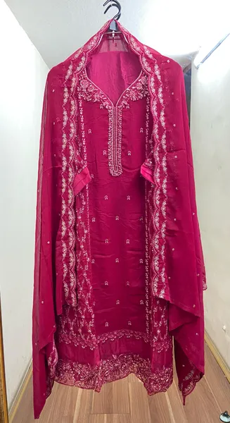Pakistani Orginal Rangoon Chiffon Stitched 3 Pcs _ Megenta Pink 