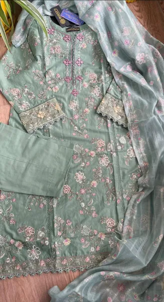 Pakistani Original Hayat’s Embroidered Stitched Cotton 3Pcs _ Green 