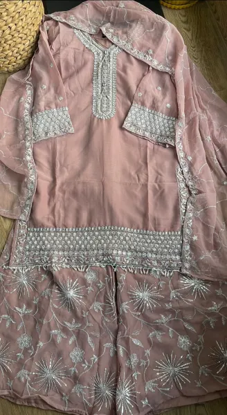 Pakistani Original Rangoon Luxury Chiffon Stitched palazzo 3Pcs _ Mauve 
