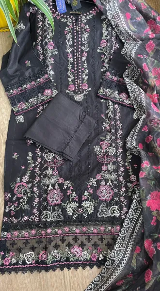 Pakistani Original Hayat’s Embroidered Stitched Cotton 3Pcs _ Black 