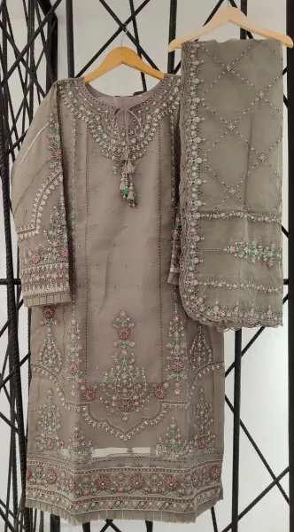 Pakistani Original HZ Luxury Formal Organza Stitched 3 Pcs _ Gray 