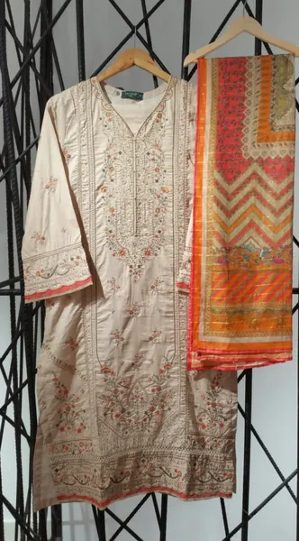 Pakistani Original Binsaeed Cotton Stitched 3 Pcs_Golden Beige