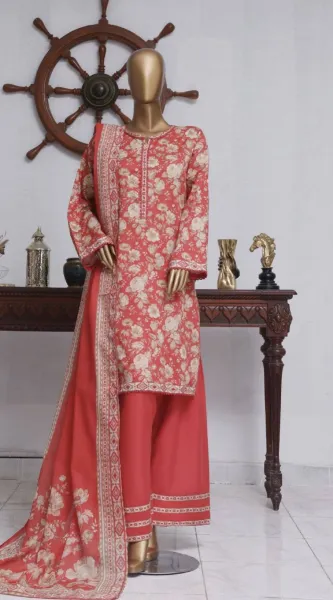 Pakistani Original Bin Saeed Lawn Stitched 3 Pcs with Farshi Salwar _ Coral Pink 