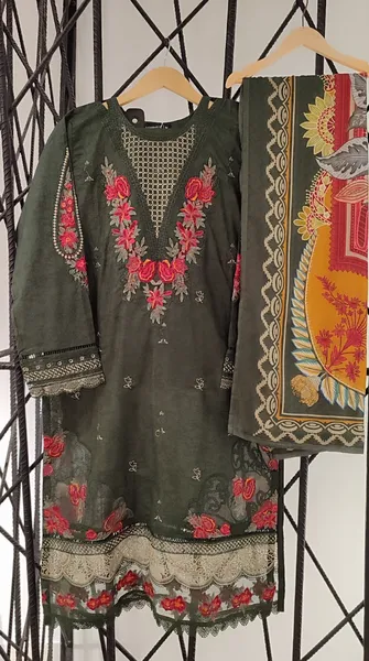 Pakistani Original Sadabahar Cotton Stitched 3 Pcs_ Dark Bottle Green