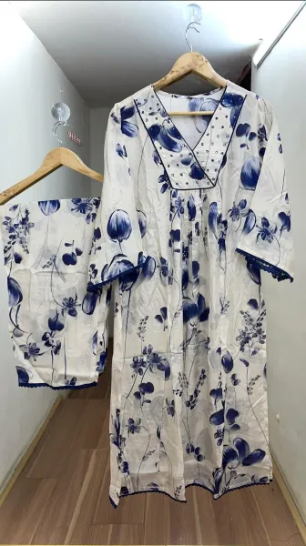 Original Indian Jaipuri Stitched 3pcs_Off white & Blue