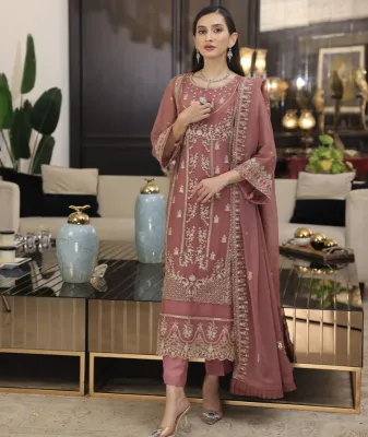 Pakistani Merakish Luxury Chiffon Stitched 3Pcs _ Rose Pink 