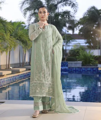 Pakistani Merakish Luxury Chiffon Stitched 3Pcs _ Olive green 