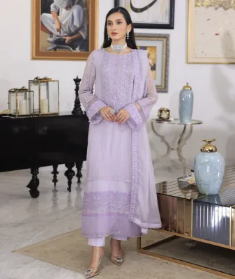 Pakistani Merakish Luxury Chiffon Stitched 3Pcs _ Periwinkle 
