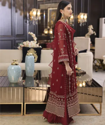 Pakistani Merakish Luxury Chiffon Stitched 3Pcs  _ Aesthetic Maroon 