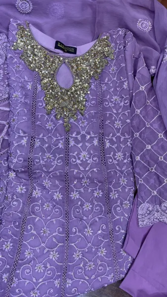 Pakistani Original Rangoon Luxury Stitched Chiffon Gown 3 Pcs _ Lavender 