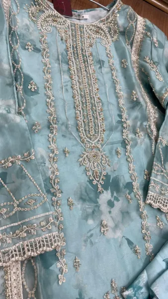 Pakistani Original Schick Dr. Haris Luxury Organza Stitched 3Pcs _ Aqua 