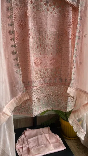 Pakistani Original Bin Saeed Luxury Chiffon stitched 3 Pcs _ Peachy Pink 