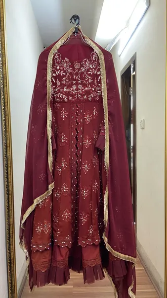 Pakistani Original Mona Embroidery Chiffon Stitched Gown 3 Pcs _ Maroon 