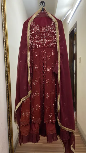 Pakistani Original Mona Embroidery Chiffon Stitched Gown 3 Pcs _ Maroon 